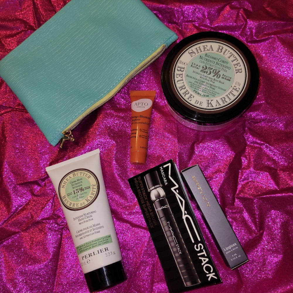 PERLIER BODY BALM & HAND CRM Lot w/ IPSY Cosmetic Bag, Lip Gloss & 2Travel Minis